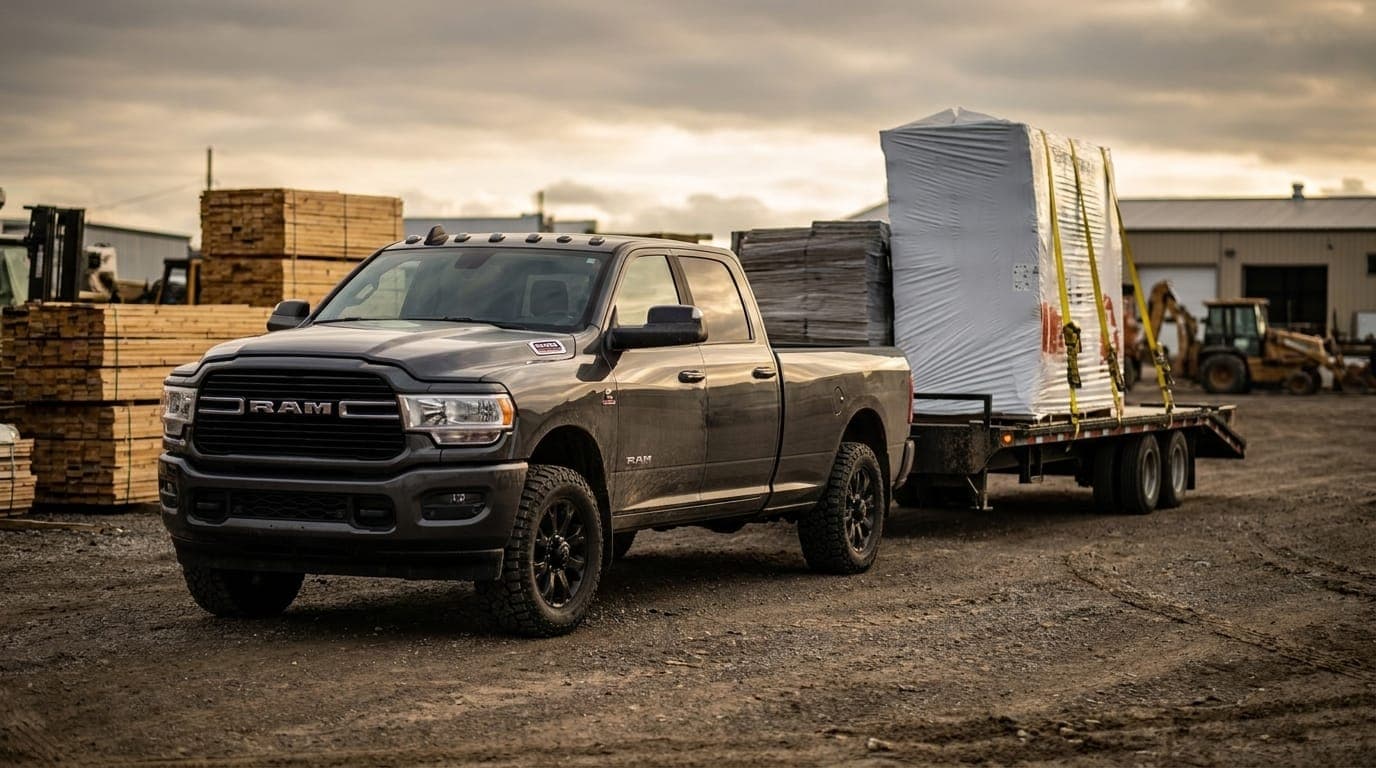 Heavy-duty pickup with a strapped, shrink-wrapped palletized load on a flatbed deck in an industrial supply yard.