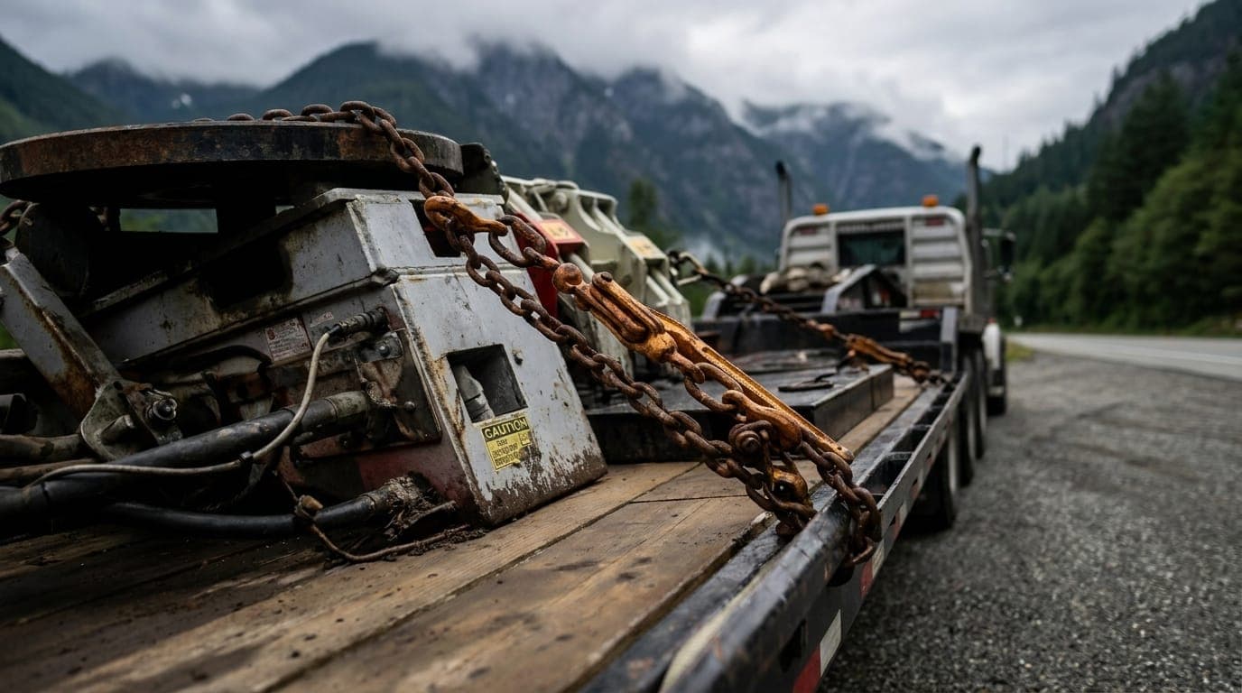 Heavy equipment chained and binder-secured on a flatbed deck on a highway shoulder below misty coastal mountains.