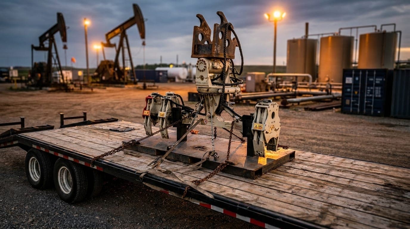 Oilfield equipment loaded on a deck trailer at a wellsite with pumpjacks and storage tanks at dusk.
