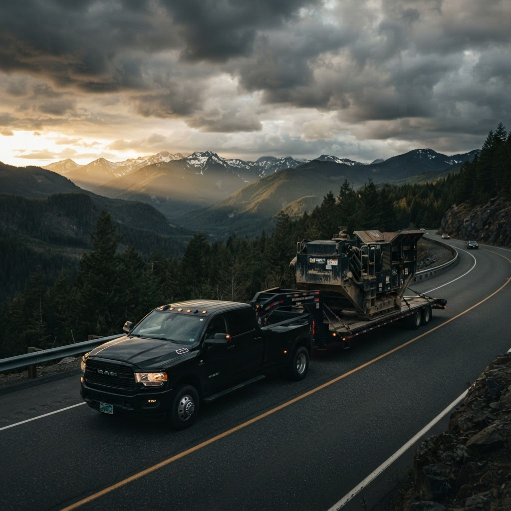 Black RAM dually hotshot truck hauling heavy industrial machinery on a flat deck trailer through the British Columbia mountains